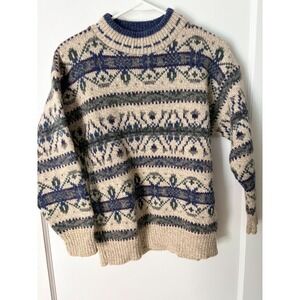 Alps Vintage Nordic Fair Isle Knit Sweater Womens Small Beige Navy Mock Neck